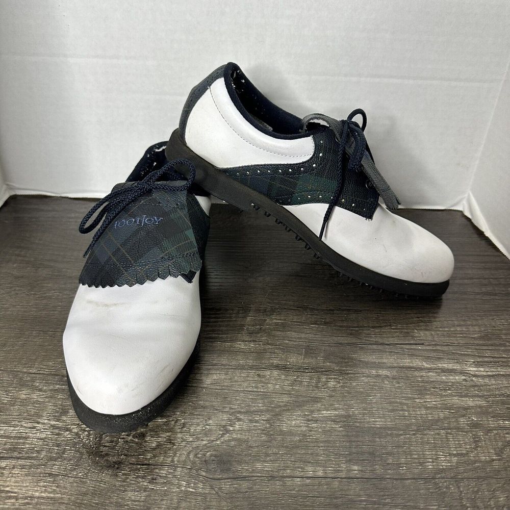 Women's Vintage Footjoy FJ Size 8 Kiltie Spiked Golf Shoes White And Plaid